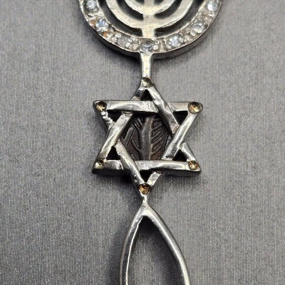 925 Sterling Silver Messianic‑Style Pendant 2" Star Menorah Fish Symbol 3.88g - Picture 2 of 9